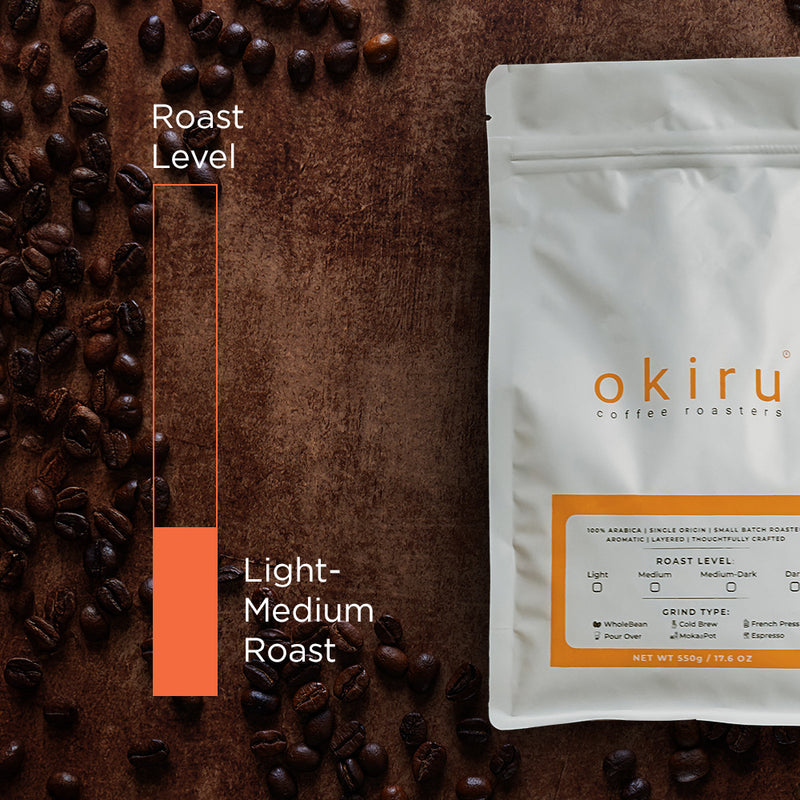 okiru coffee roasters package with coffee beans and a roast level on a brown background