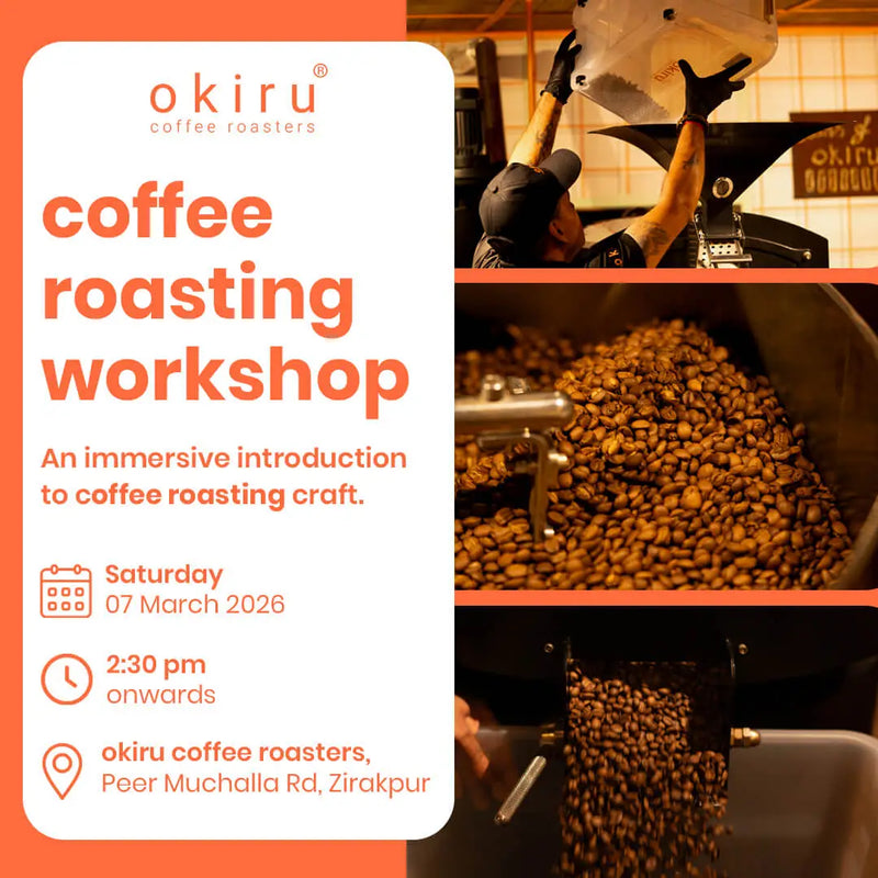 Advertisement for okiru coffee roasting workshop with coffee beans and roasting machine.