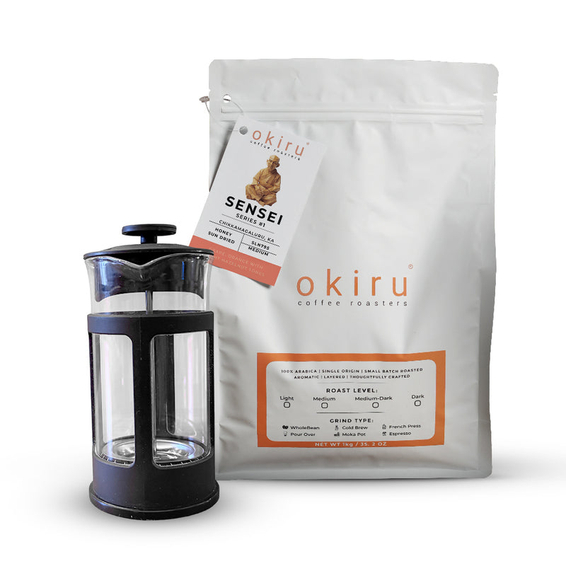 okiru coffee roasters SENSEI package with a French press on a white background