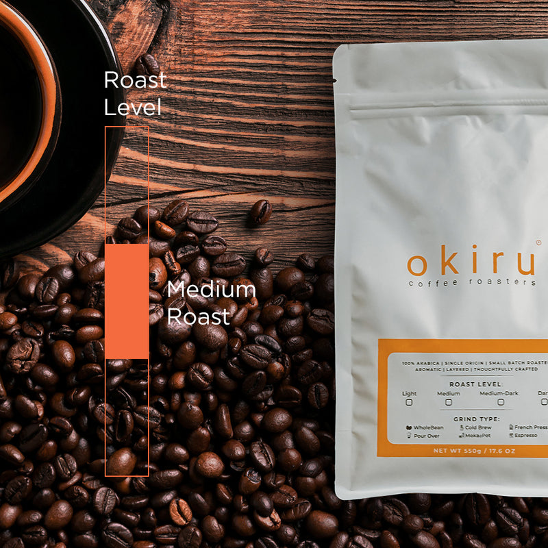 okiru coffee roasters package with  roast  level and coffee beans on a wooden surface