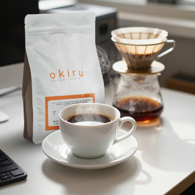 White cup of coffee with a steaming lid, next to a bag of okiru coffee beans on a white surface.