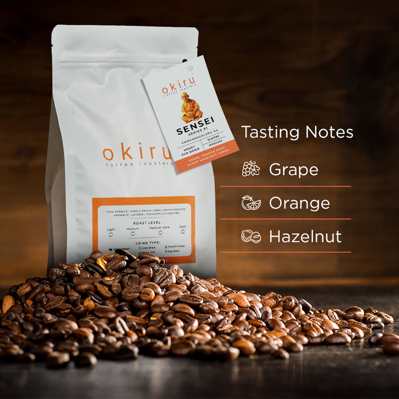 okiru coffee SENSEI package with roasted coffee beans and tasting notes on a dark background