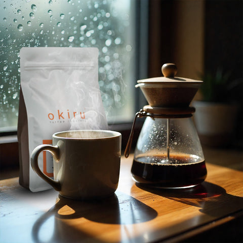 Cup of coffee, coffee maker, and okiru coffee bag on a wooden table with rain outside the window.
