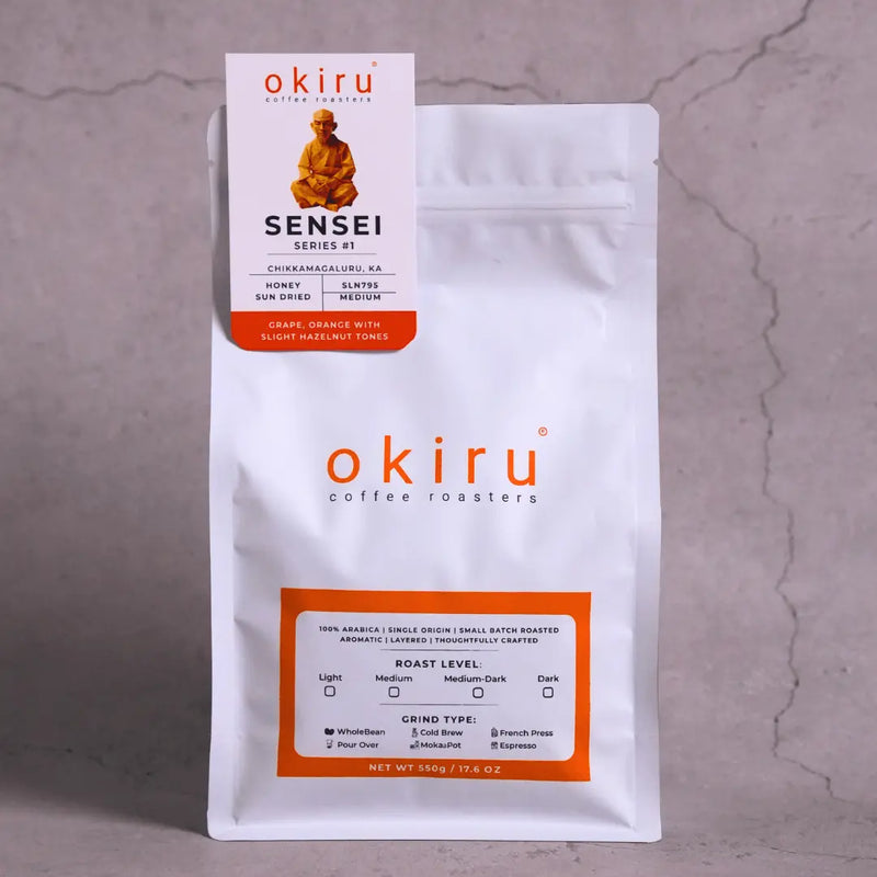 Sensei coffee packaging on a gray background