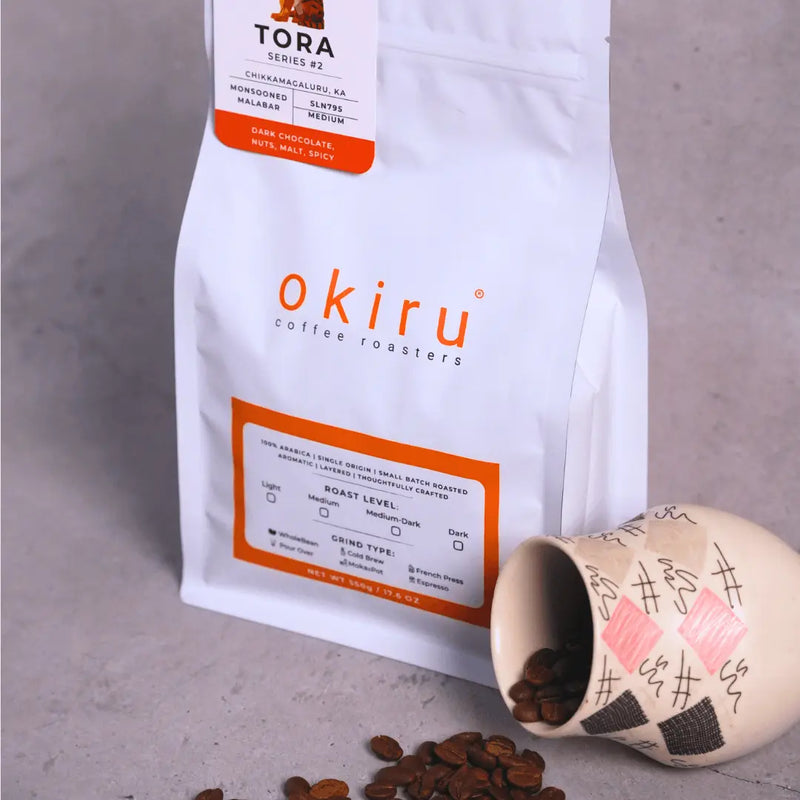 okiru coffee roasters bag with a small container of coffee beans on a gray background