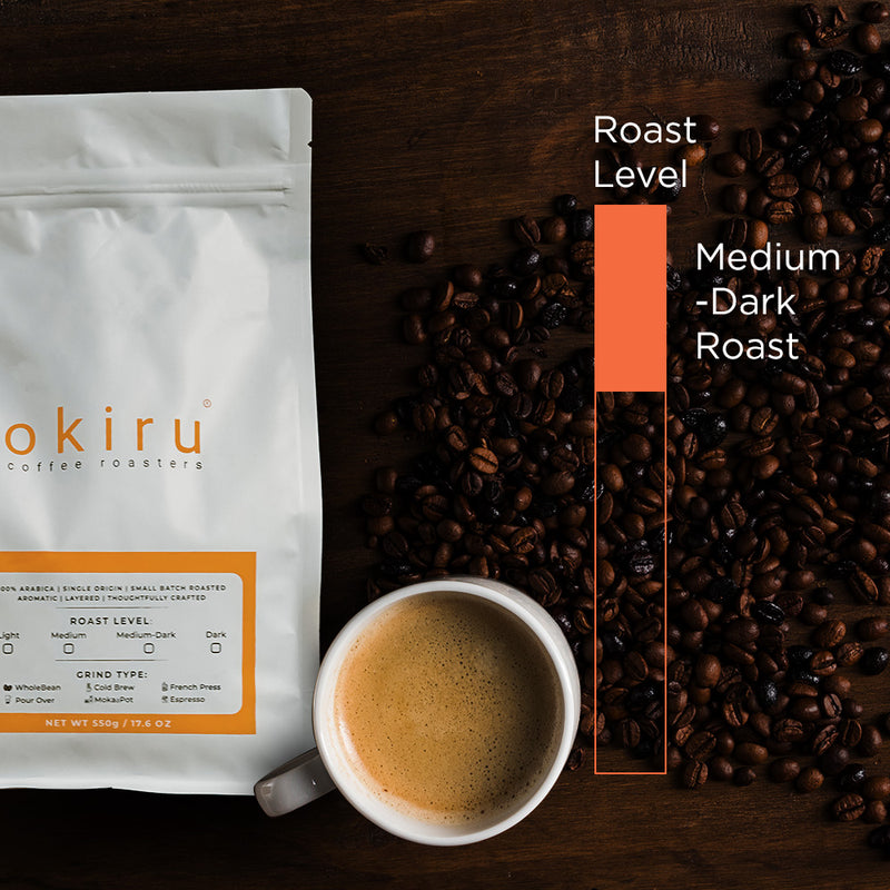 okiru coffee roasters  package with a cup of coffee, coffee beans on a wooden surface and a roast level 