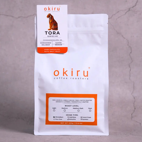 okiru coffee roasters package named tora on a gray background