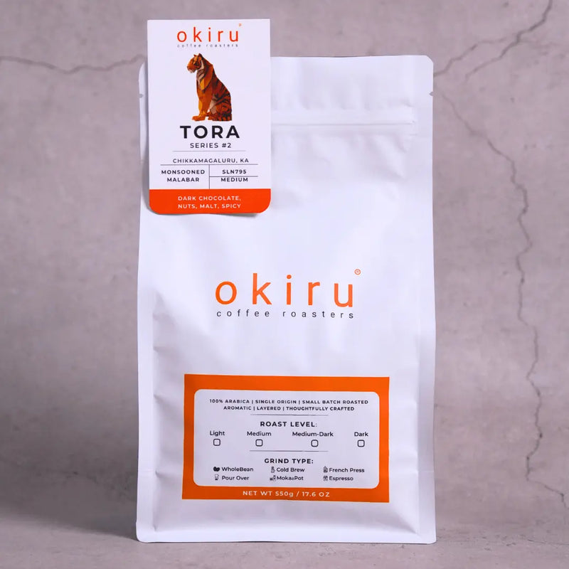 okiru coffee roasters package named tora on a gray background